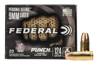 Federal Premium Personal Defense Punch 9mm Luger 124gr HJP Ammo comes in a box of 20